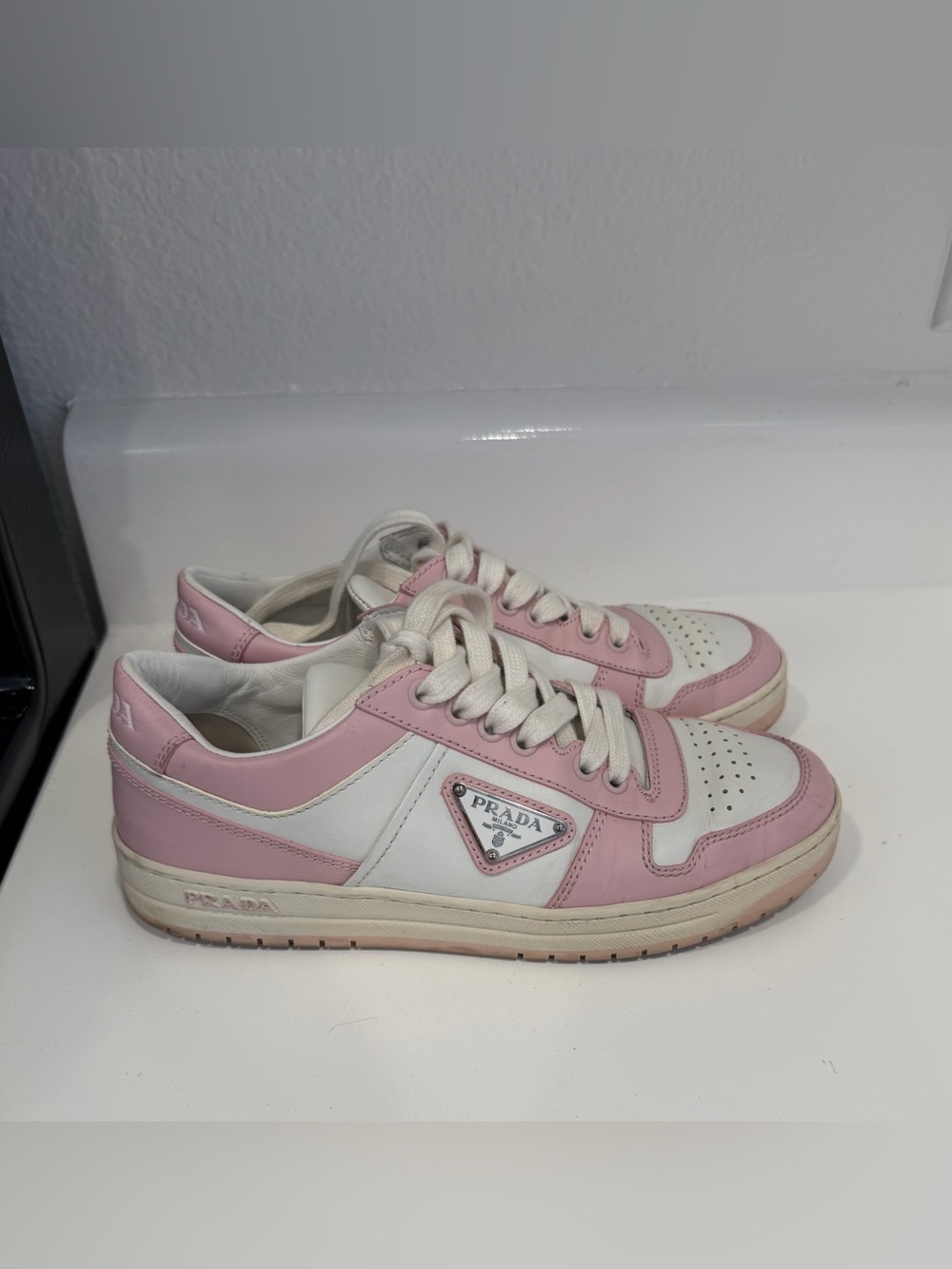 Prada Downtown Low Top Sneakers Pink White Leather Triangle Logo EU 36